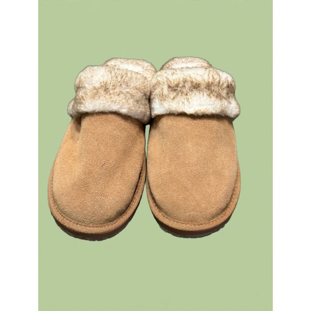 Clarks Cozy Tan Faux Fur-Lined Suede Slippers - Size US 9M/UK 8/EUR 42-Like New